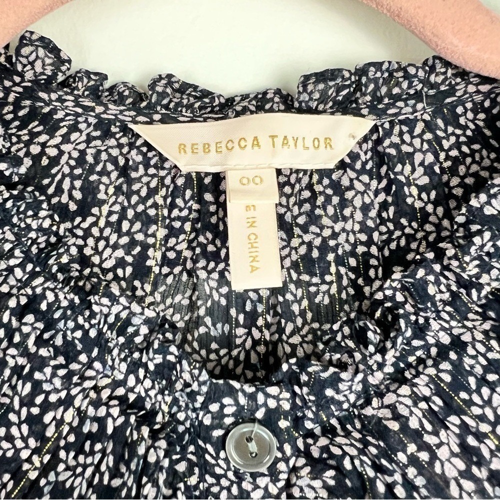 Rebecca Taylor Metallic Lurex Silk Blend Ruffle Blouse Navy Size 00 - Picture 4 of 13